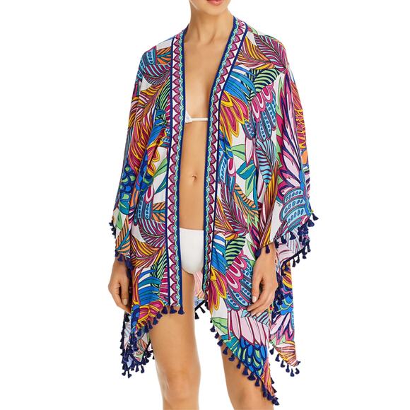 Trina Turk Paradise Plume Kimono Cover-Up OS | Tropical Tassel Trim, Bold Print - Picture 1 of 5